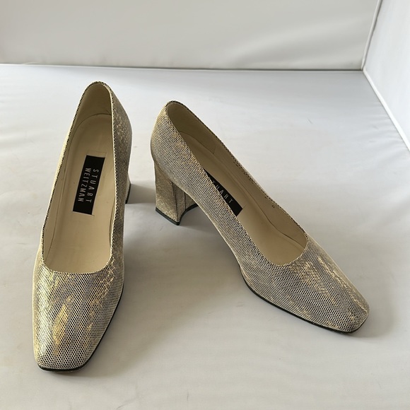 Stuart Weitzman Shoes - STUART WEITZMAN: Vintage 90s Champagne Faux Snakeskin Chunky Heels Size 9 (tub3)
